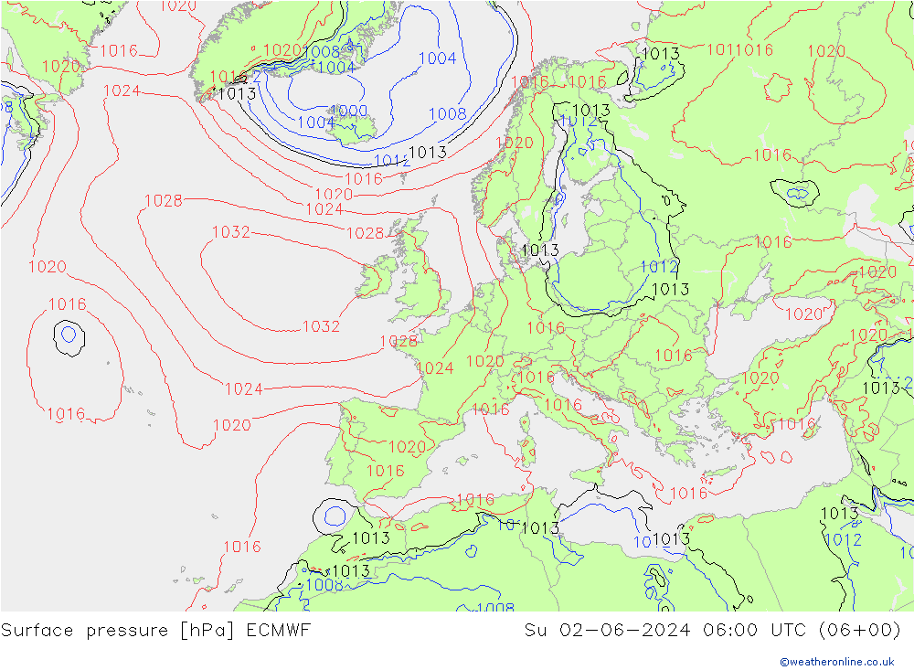 Luchtdruk (Grond) ECMWF zo 02.06.2024 06 UTC