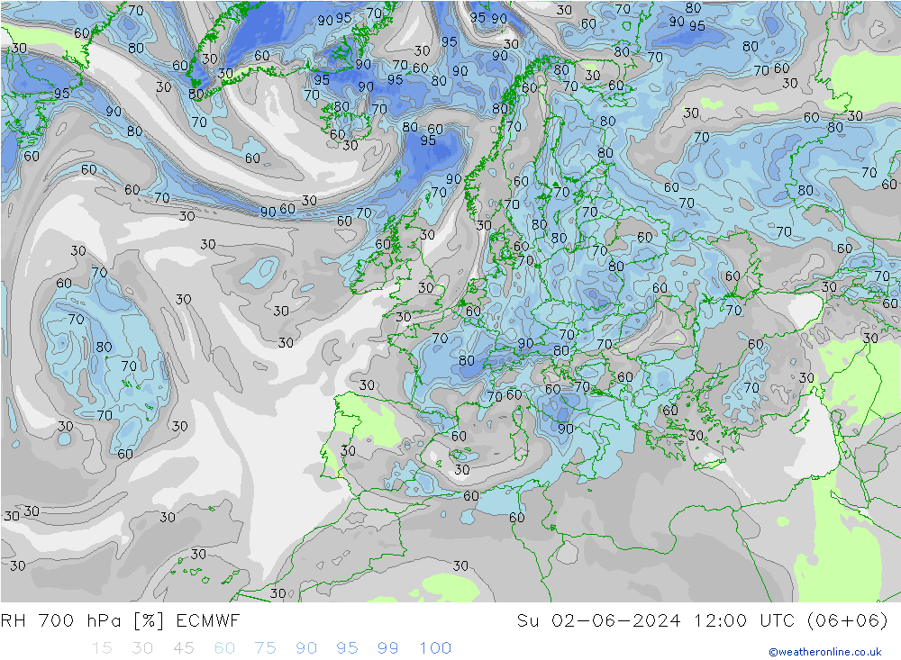 RH 700 hPa ECMWF 星期日 02.06.2024 12 UTC