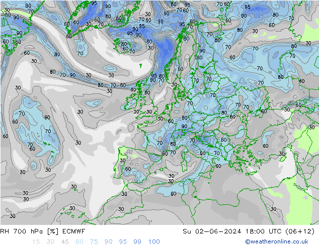 Humidité rel. 700 hPa ECMWF dim 02.06.2024 18 UTC