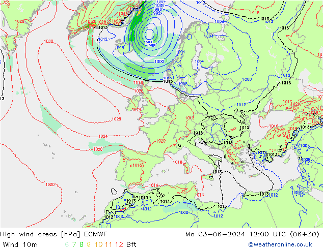 High wind areas ECMWF пн 03.06.2024 12 UTC