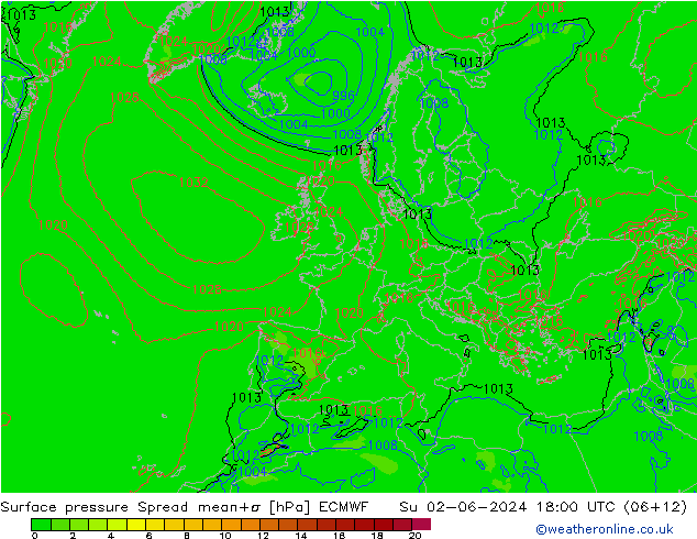 Atmosférický tlak Spread ECMWF Ne 02.06.2024 18 UTC