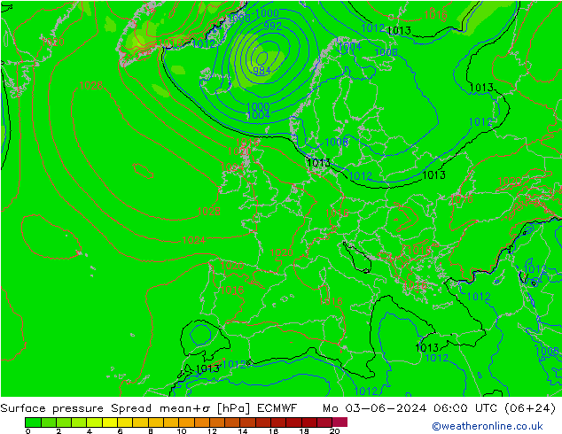 Surface pressure Spread ECMWF Mo 03.06.2024 06 UTC