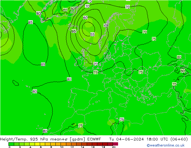 Height/Temp. 925 hPa ECMWF Tu 04.06.2024 18 UTC