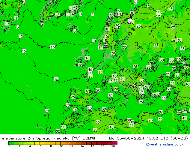 карта температуры Spread ECMWF пн 03.06.2024 12 UTC