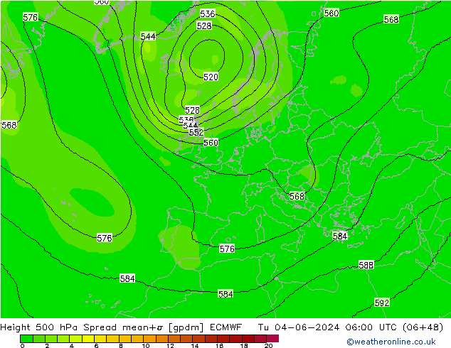 Height 500 гПа Spread ECMWF вт 04.06.2024 06 UTC