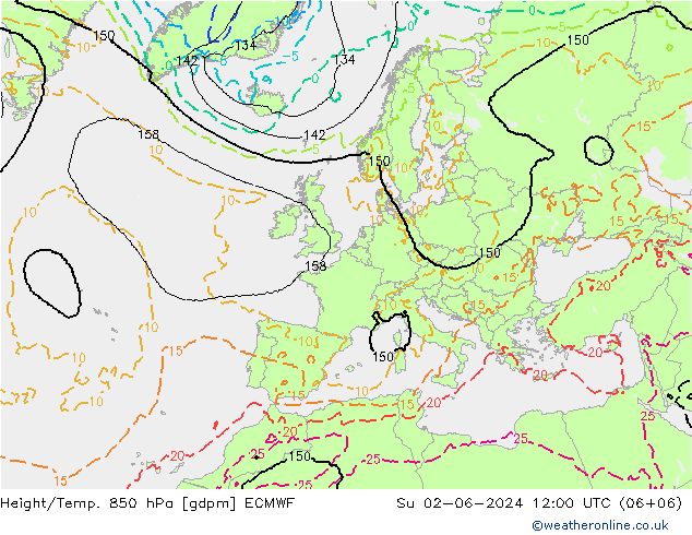 Height/Temp. 850 hPa ECMWF nie. 02.06.2024 12 UTC