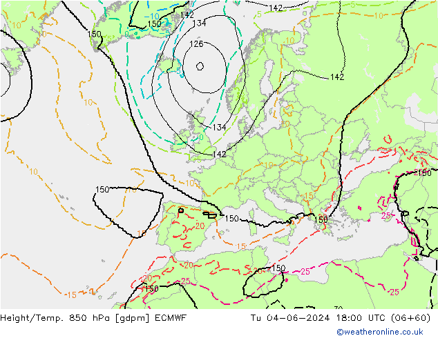 Hoogte/Temp. 850 hPa ECMWF di 04.06.2024 18 UTC