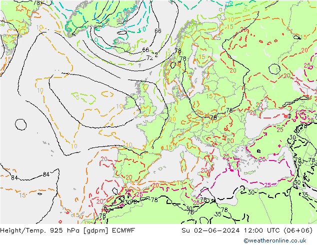 Height/Temp. 925 гПа ECMWF Вс 02.06.2024 12 UTC