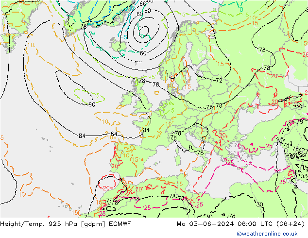 Height/Temp. 925 hPa ECMWF 星期一 03.06.2024 06 UTC