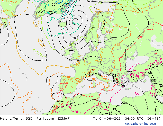 Height/Temp. 925 hPa ECMWF Tu 04.06.2024 06 UTC