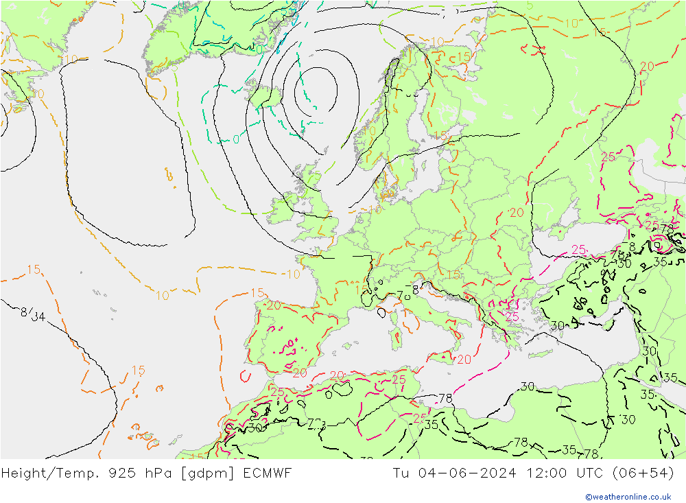 Height/Temp. 925 hPa ECMWF wto. 04.06.2024 12 UTC