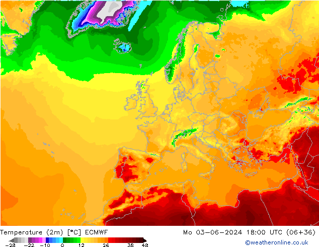 Temperaturkarte (2m) ECMWF Mo 03.06.2024 18 UTC