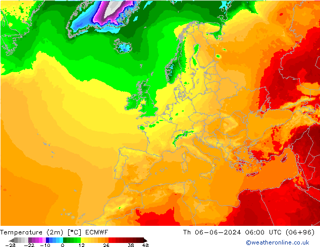 Temperatura (2m) ECMWF gio 06.06.2024 06 UTC