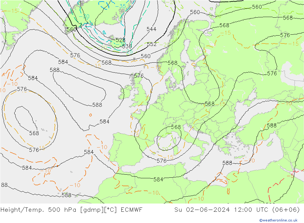 Hoogte/Temp. 500 hPa ECMWF zo 02.06.2024 12 UTC