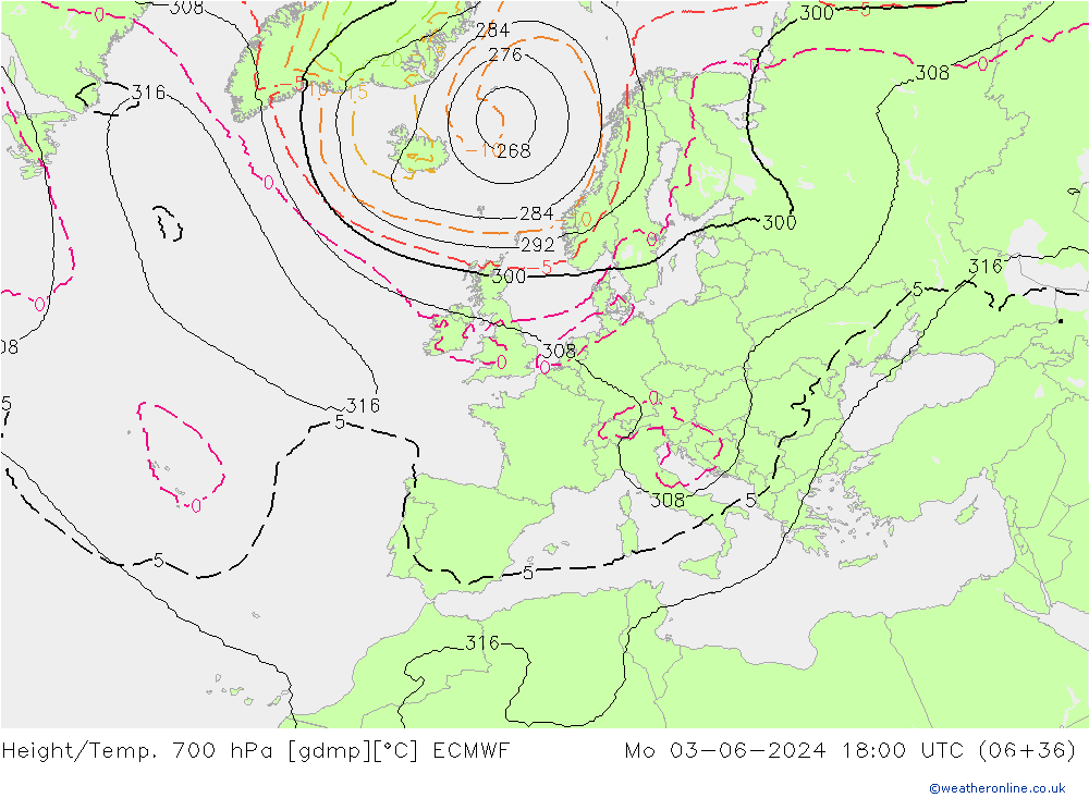 Height/Temp. 700 гПа ECMWF пн 03.06.2024 18 UTC