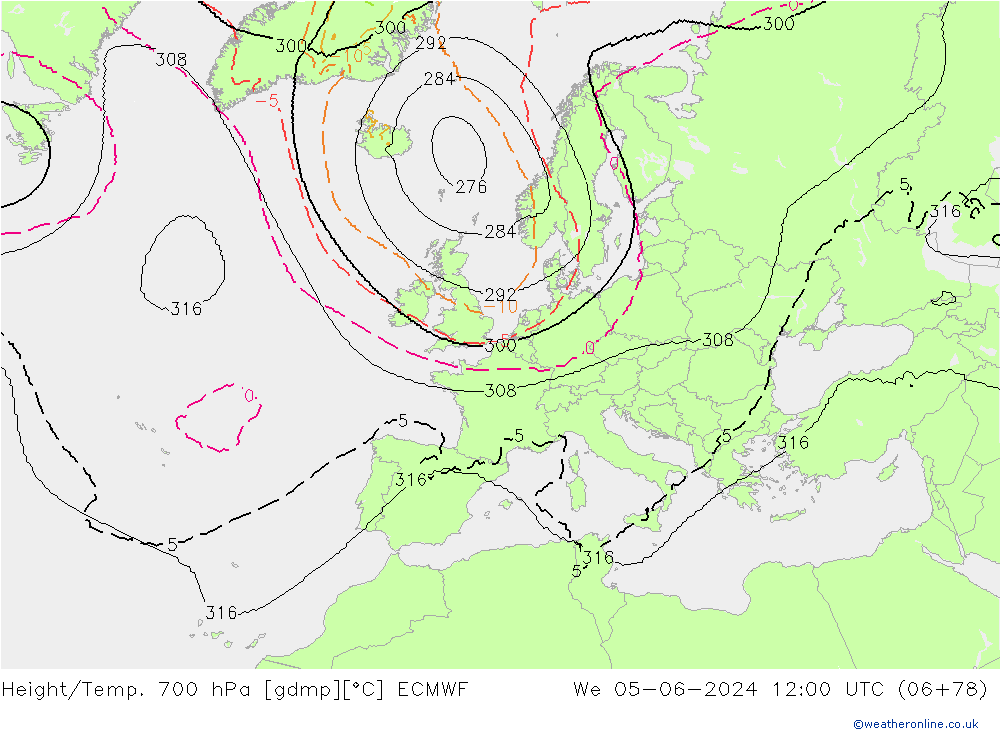 Height/Temp. 700 hPa ECMWF mer 05.06.2024 12 UTC