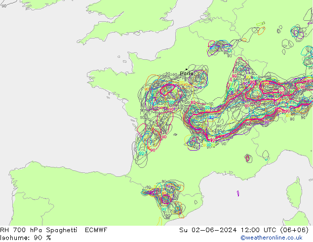 RH 700 hPa Spaghetti ECMWF Su 02.06.2024 12 UTC