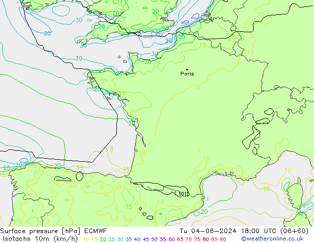 Isotachs (kph) ECMWF Út 04.06.2024 18 UTC