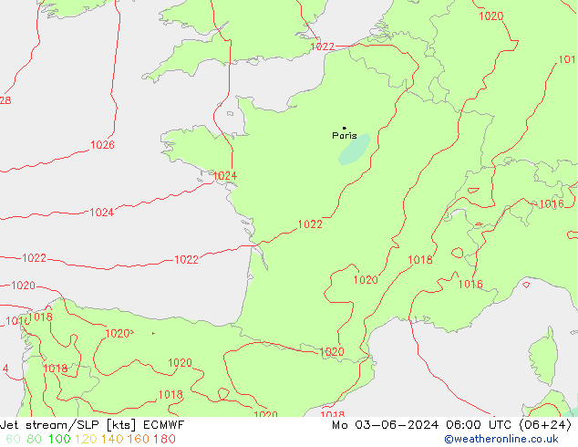 Jet stream/SLP ECMWF Mo 03.06.2024 06 UTC