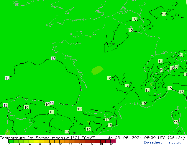 température 2m Spread ECMWF lun 03.06.2024 06 UTC