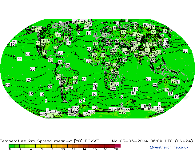 Sıcaklık Haritası 2m Spread ECMWF Pzt 03.06.2024 06 UTC