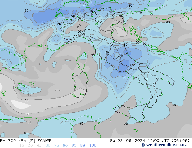 RH 700 hPa ECMWF Ne 02.06.2024 12 UTC