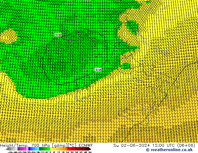 Yükseklik/Sıc. 700 hPa ECMWF Paz 02.06.2024 12 UTC