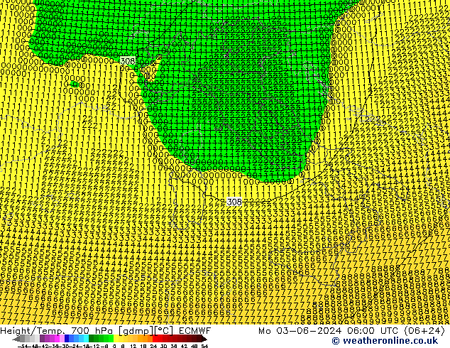 Height/Temp. 700 hPa ECMWF lun 03.06.2024 06 UTC