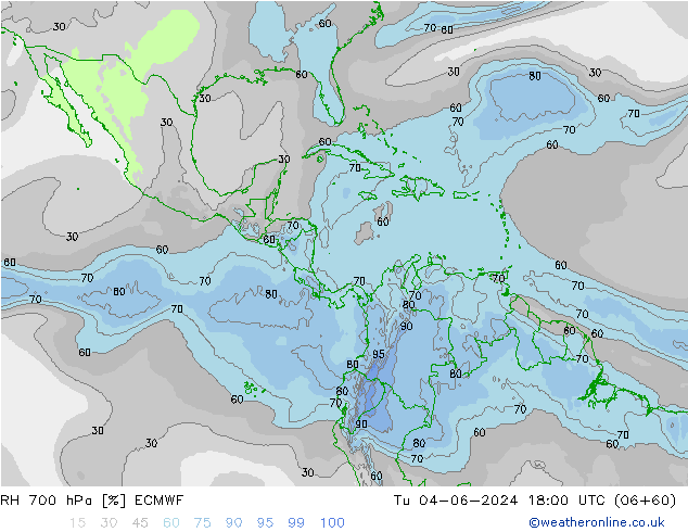Humidité rel. 700 hPa ECMWF mar 04.06.2024 18 UTC