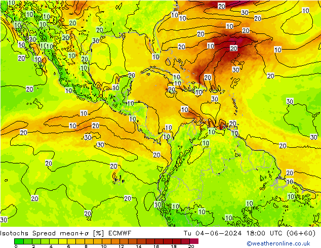 Isotachs Spread ECMWF Tu 04.06.2024 18 UTC