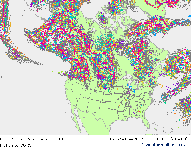 RH 700 hPa Spaghetti ECMWF  04.06.2024 18 UTC