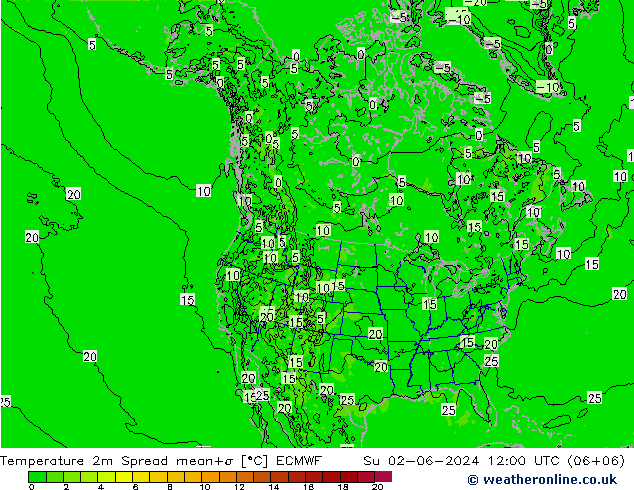 Temperatuurkaart Spread ECMWF zo 02.06.2024 12 UTC