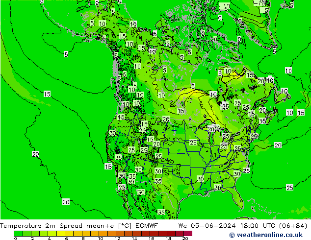 Temperatura 2m Spread ECMWF mer 05.06.2024 18 UTC