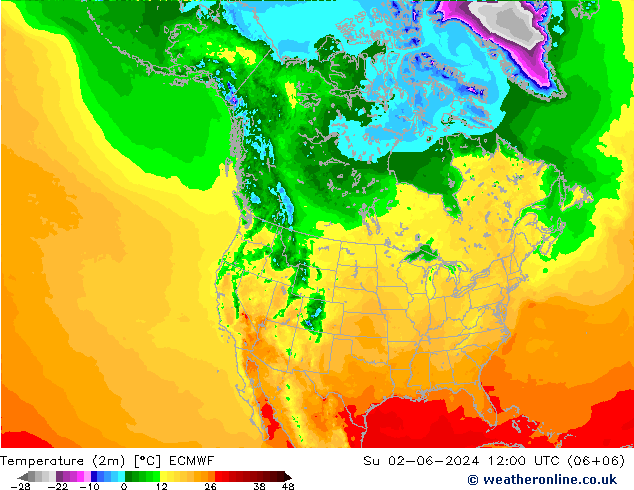 Temperatuurkaart (2m) ECMWF zo 02.06.2024 12 UTC