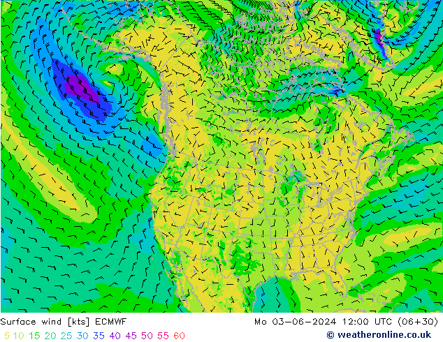 wiatr 10 m ECMWF pon. 03.06.2024 12 UTC