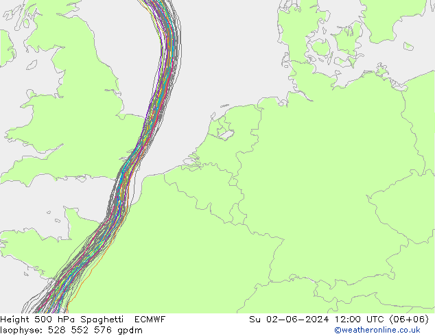 Height 500 hPa Spaghetti ECMWF dom 02.06.2024 12 UTC