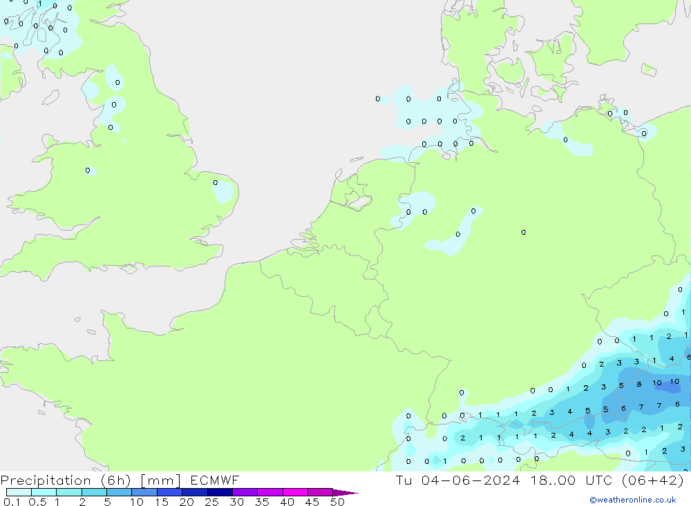 Precipitation (6h) ECMWF Tu 04.06.2024 00 UTC