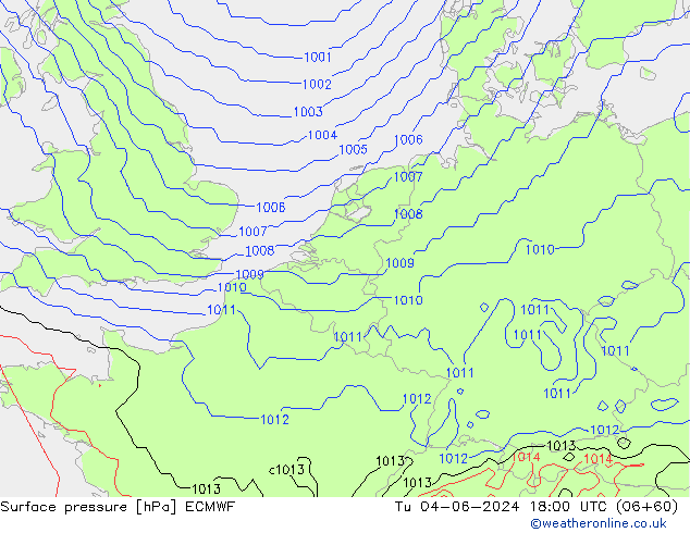 Surface pressure ECMWF Tu 04.06.2024 18 UTC