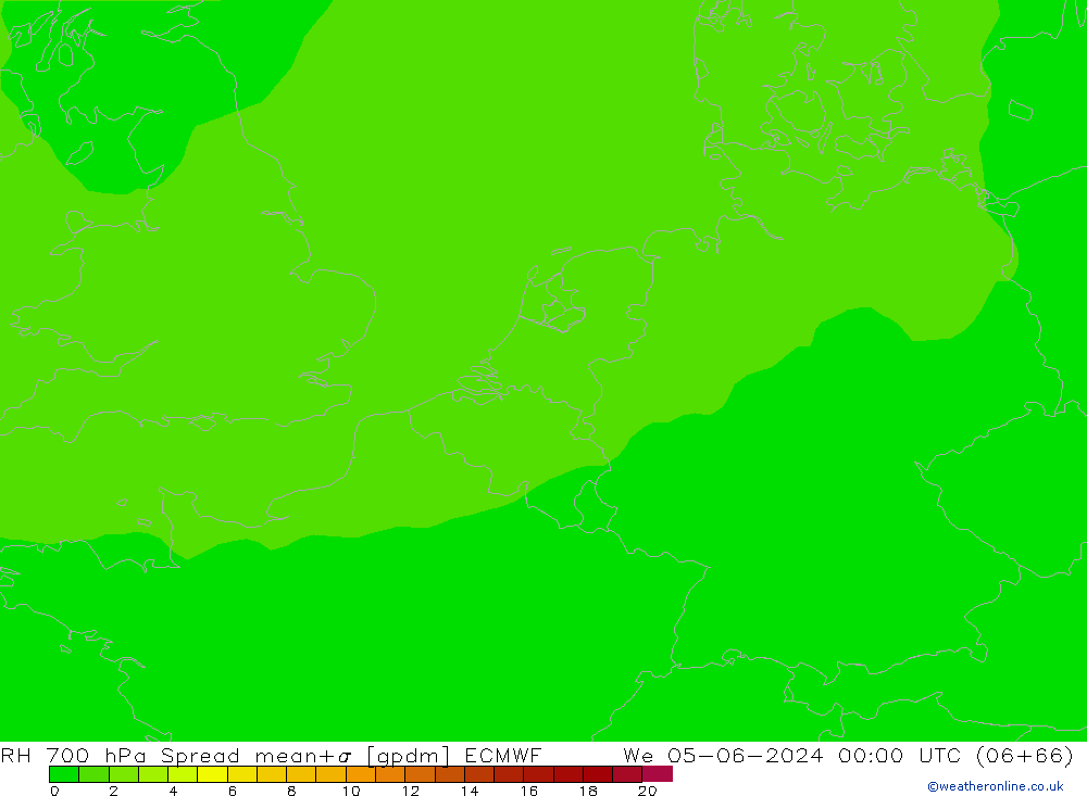 RH 700 hPa Spread ECMWF śro. 05.06.2024 00 UTC