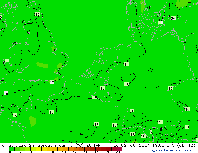 Temperatura 2m Spread ECMWF dom 02.06.2024 18 UTC