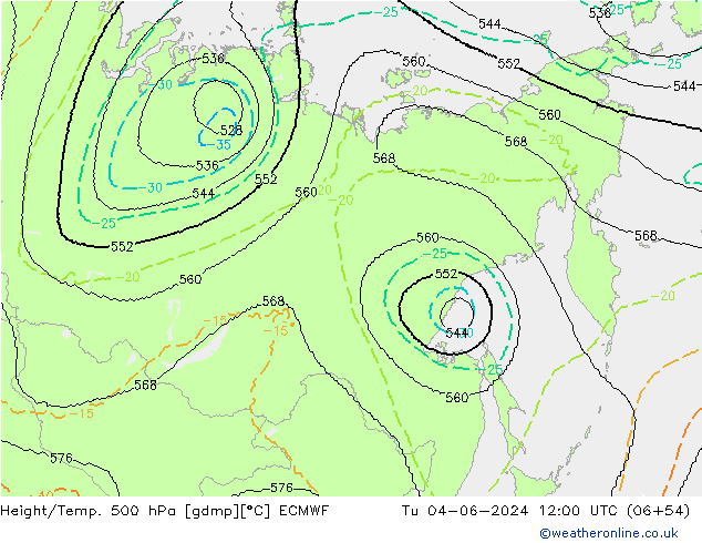 Height/Temp. 500 гПа ECMWF вт 04.06.2024 12 UTC