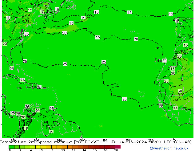 Temperature 2m Spread ECMWF Tu 04.06.2024 06 UTC