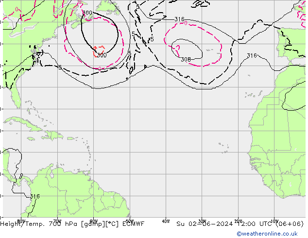 Height/Temp. 700 hPa ECMWF dom 02.06.2024 12 UTC