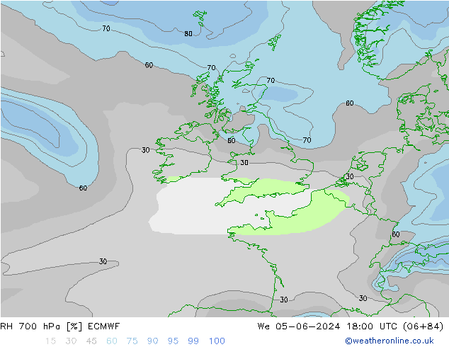 RH 700 гПа ECMWF ср 05.06.2024 18 UTC