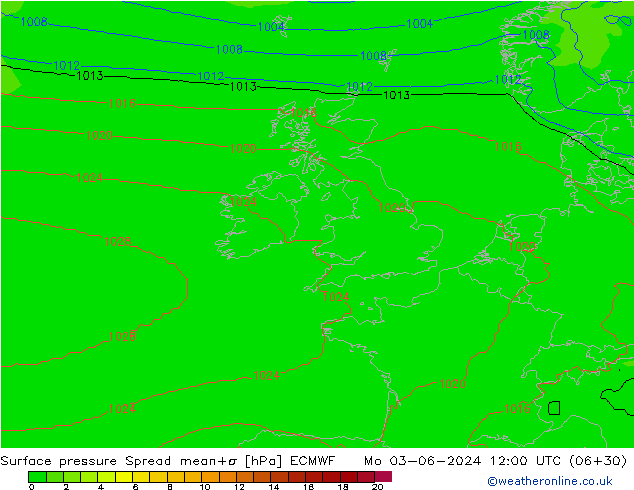 Surface pressure Spread ECMWF Mo 03.06.2024 12 UTC