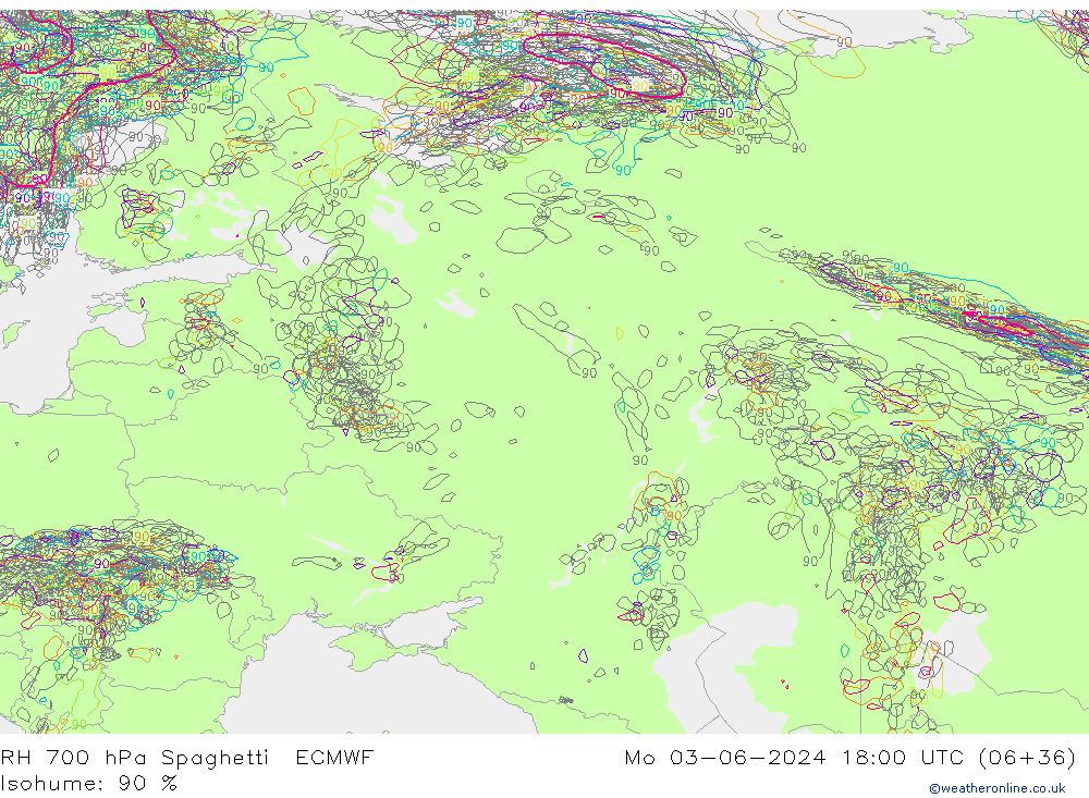 RH 700 гПа Spaghetti ECMWF пн 03.06.2024 18 UTC