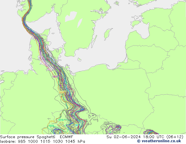 Luchtdruk op zeeniveau Spaghetti ECMWF zo 02.06.2024 18 UTC