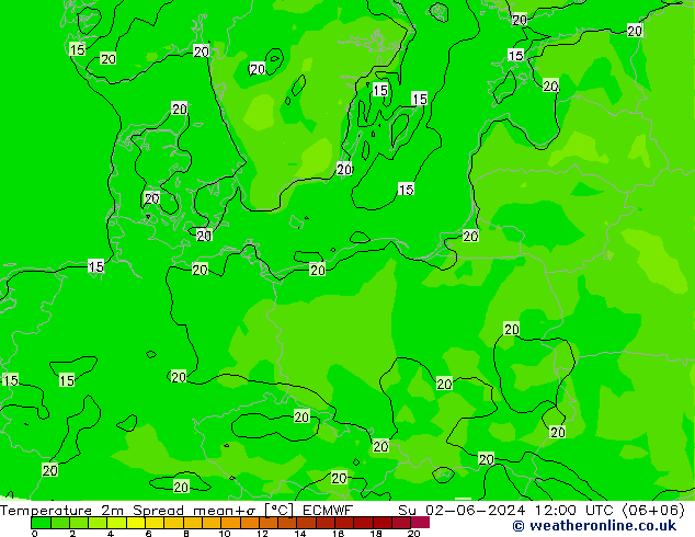 Temperature 2m Spread ECMWF Ne 02.06.2024 12 UTC