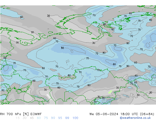 Humidité rel. 700 hPa ECMWF mer 05.06.2024 18 UTC