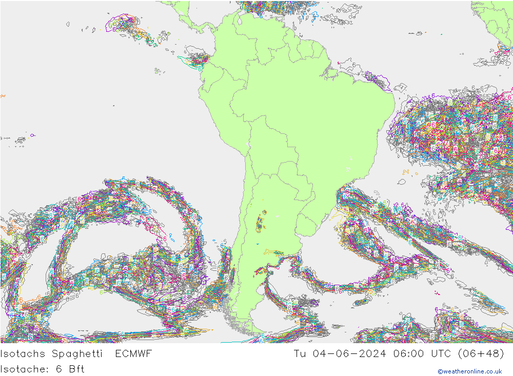 Isotachen Spaghetti ECMWF di 04.06.2024 06 UTC